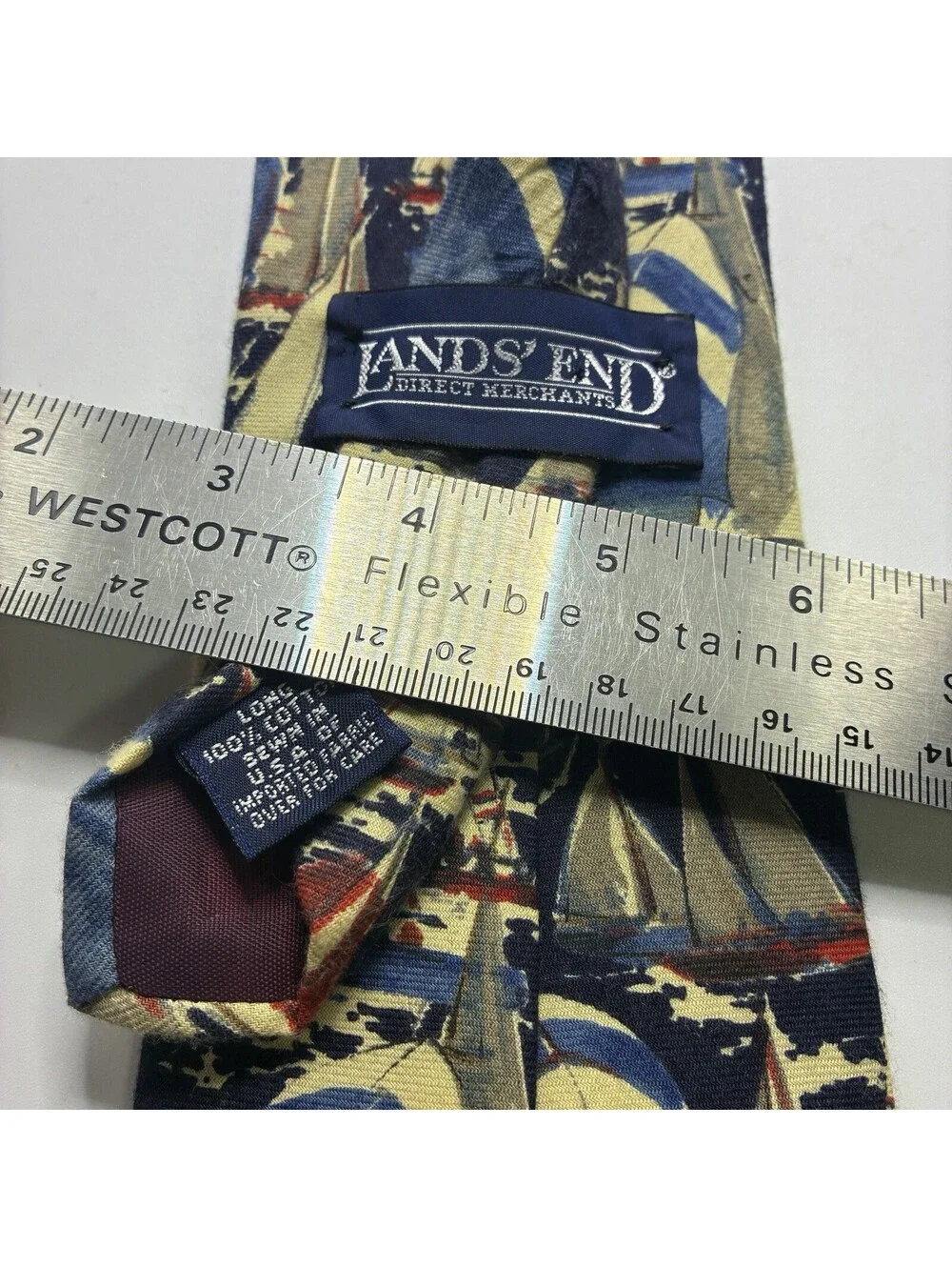 Lands' End Nautical Sailboat Sailing Boating Silk Necktie Blue Long 3 1/2